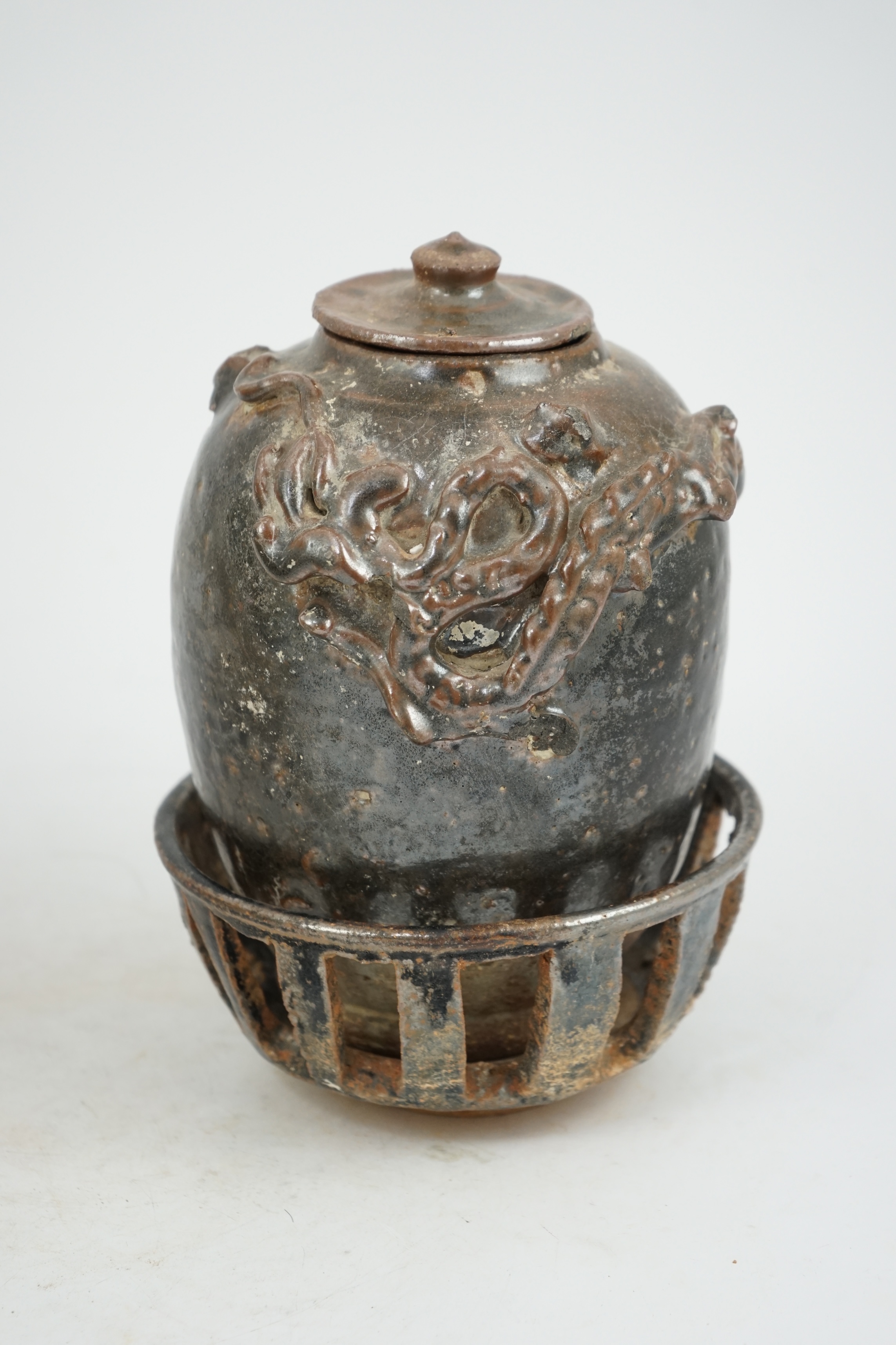 A Chinese Song Dynasty stoneware jar with rare stand and cover, Song Dynasty (AD 960-1279)